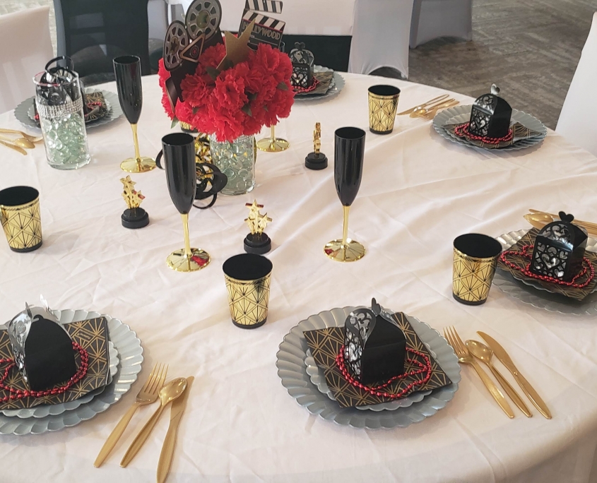 Banquet table setting with flowers